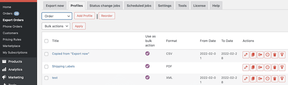 The WordPress back end, showing the Profiles section to export orders. There is a list of columns, complete with information on formats and data ranges, and also an actions icon menu.