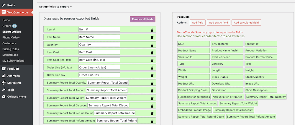 A list of green fields with attributes for an individual product, and a purple "Remove all fields" button.