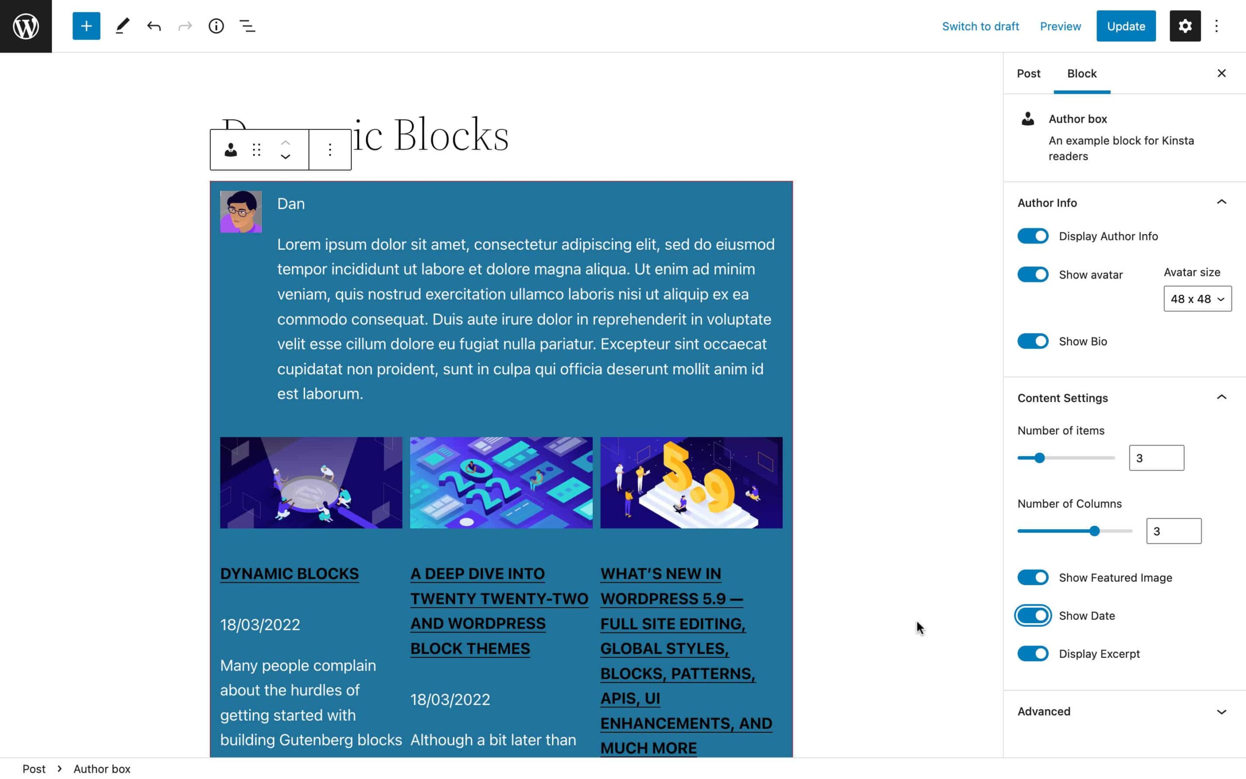 Our custom block in the block editor.