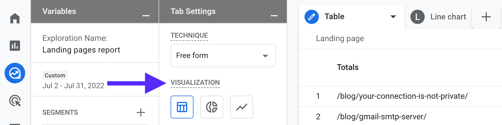 GA4 screenshot showing visualization settings