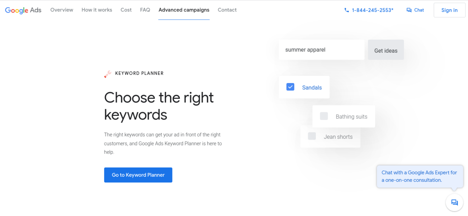 The Google Keyword Planner website.