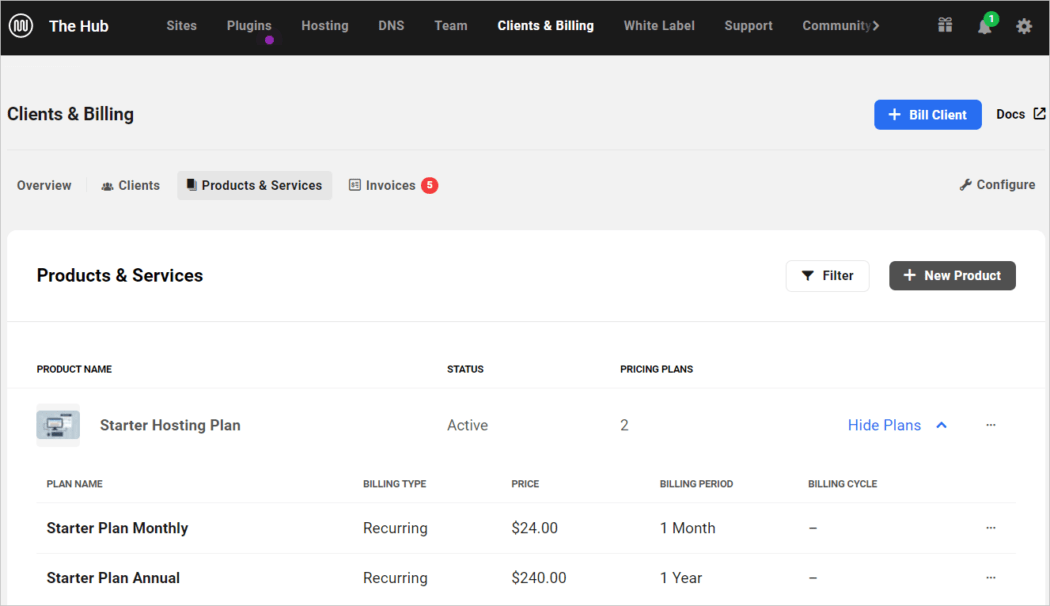 Example of hosting plans set up in Client Billing