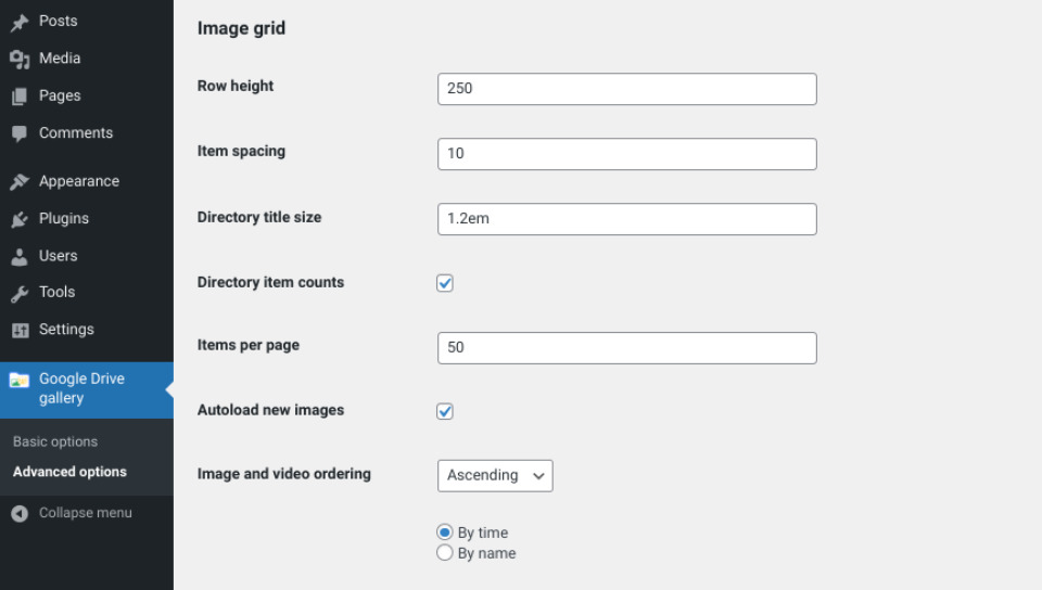 The Image and Video Gallery plugin settings.