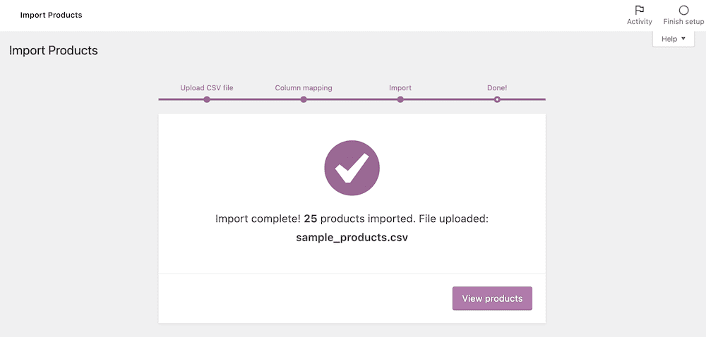 The WooCommerce Product Import screen showing a success message and a button to view the imported products within WooCommerce.