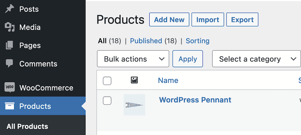 The WordPress Products screen, showing the "Add New", "Import", and "Export" buttons.