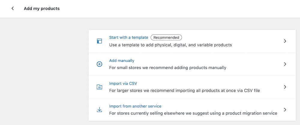 The WooCommerce Onboarding Wizard, showing four options, including an "Import via CSV" link.