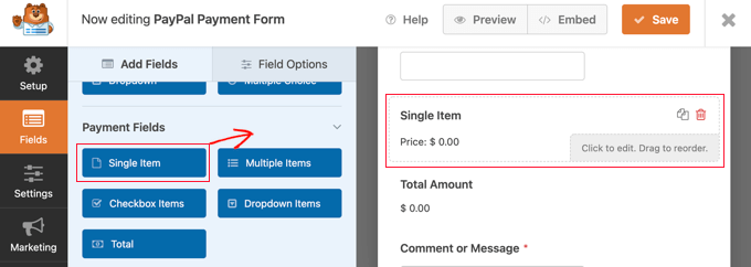 Add a Single Item Field to Your Form