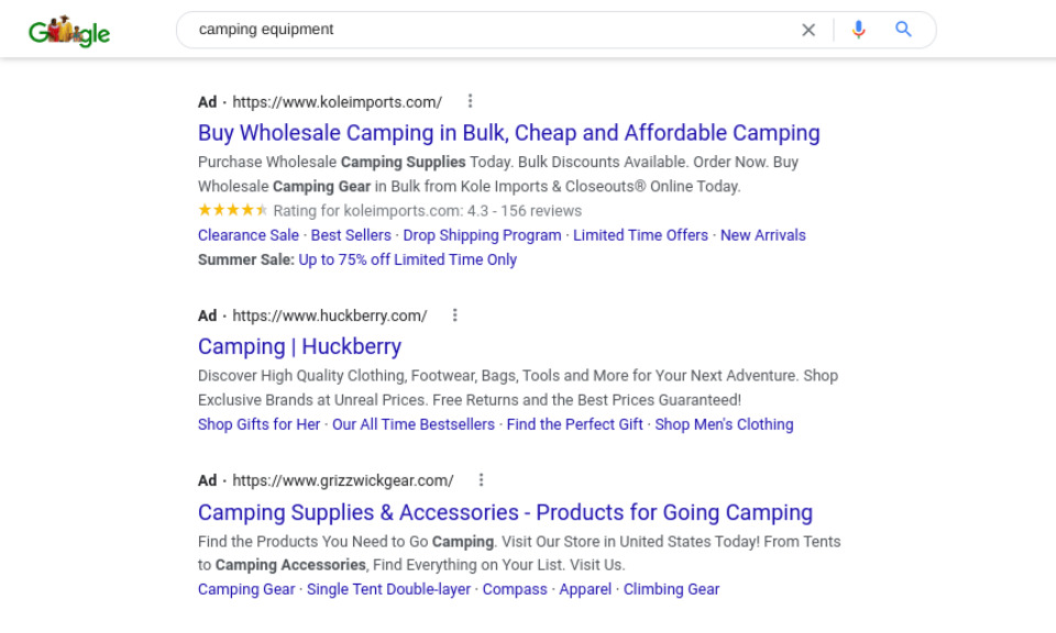 A Google search results page showing PPC ads for camping equipment.