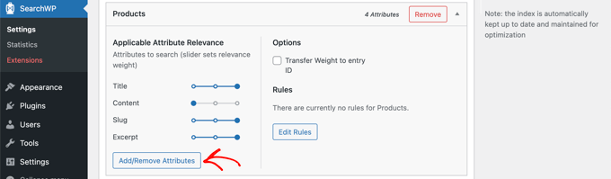 Click the 'Add/Remove Attributes' Button in the Products Section