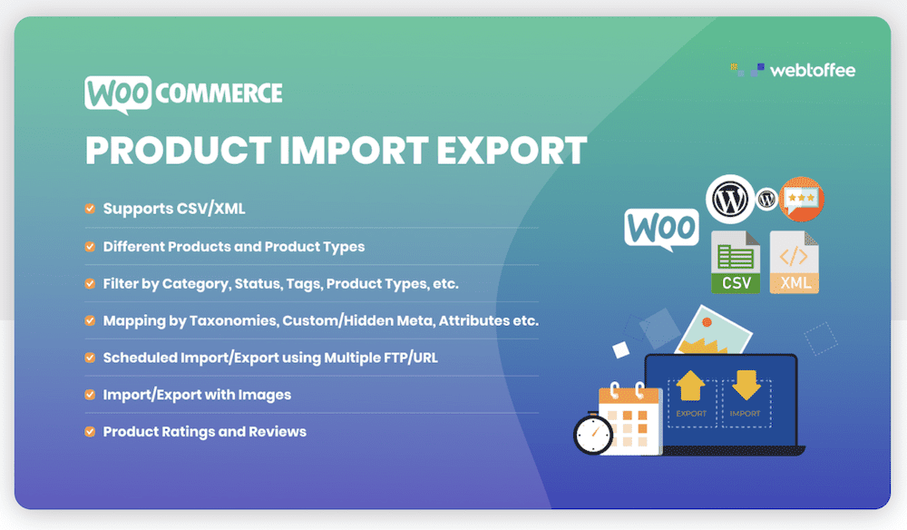 A green-blue panel for the Product Import Export plugin that lists some of the key features, and includes a WooCommerce logo.