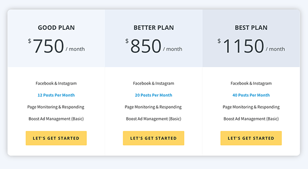 Social media pricing plans.