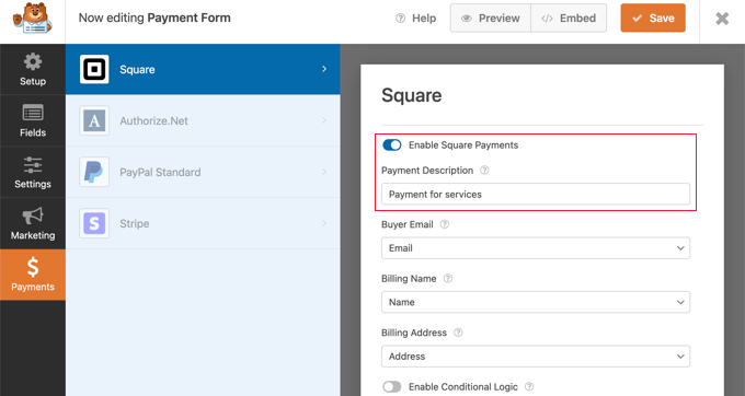 Toggle the Enable Square Payments Setting to the On Position