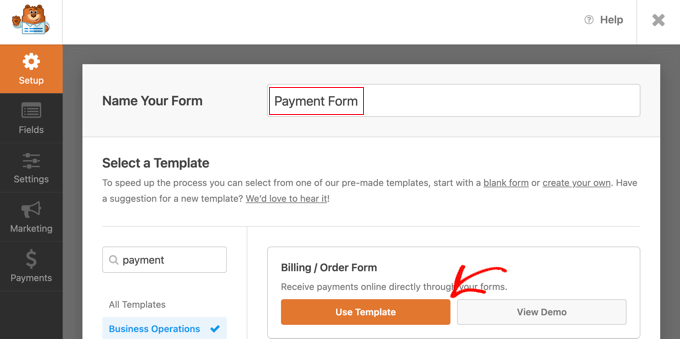 Select the Billing Order Form Template in WPForms