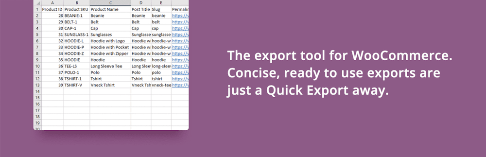 A spreadsheet mockup showing WooCommerce products on a purple background with a text 