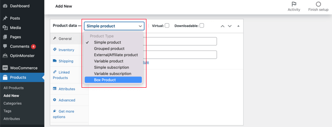Select 'Box Product' from the Product Data Drop Down