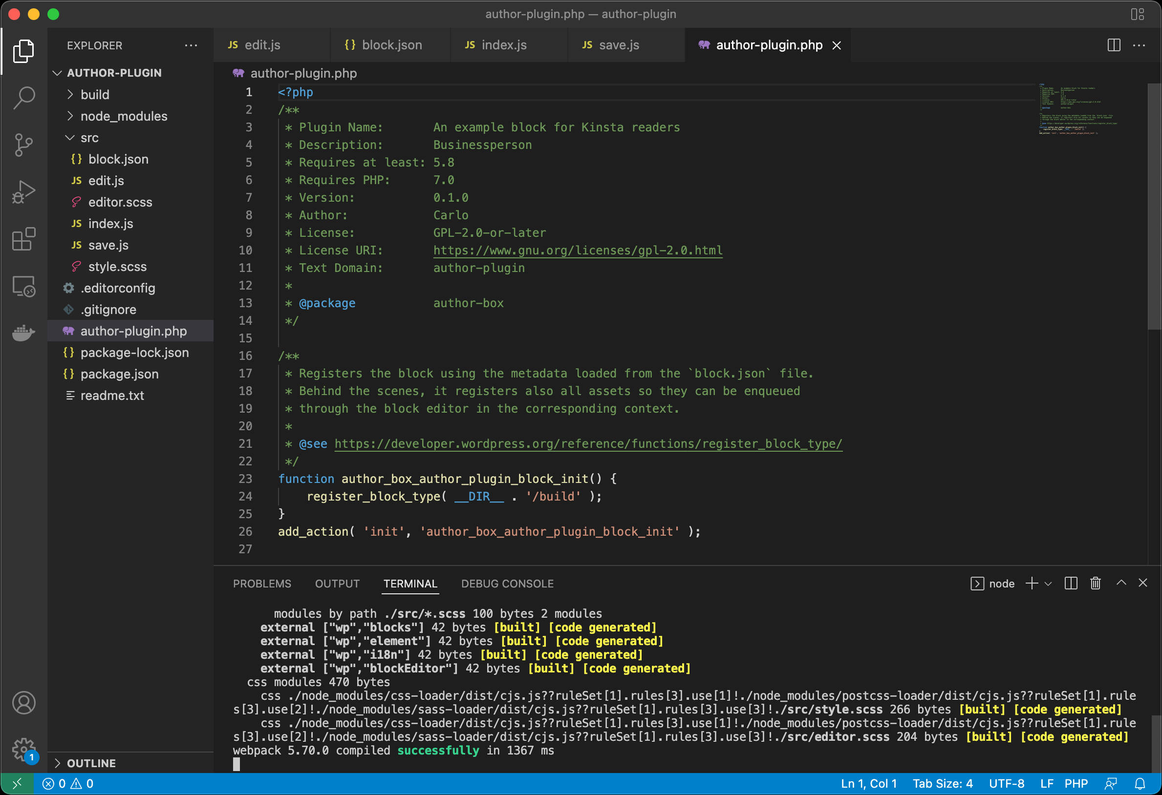 The block plugin project in Visual Studio Code.