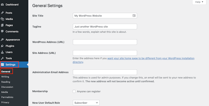 The WordPress general settings page