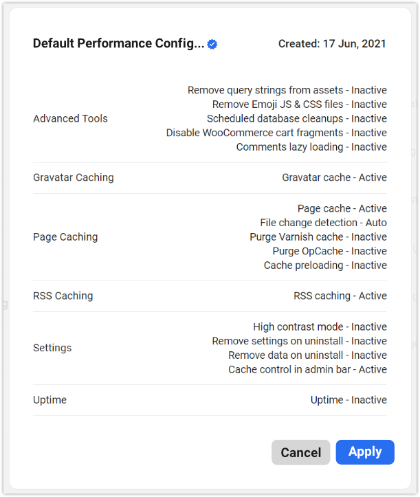 Configs - default config details