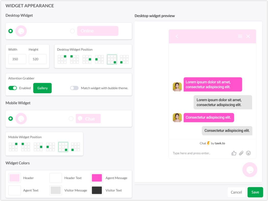 tawk.to customized live chat preview