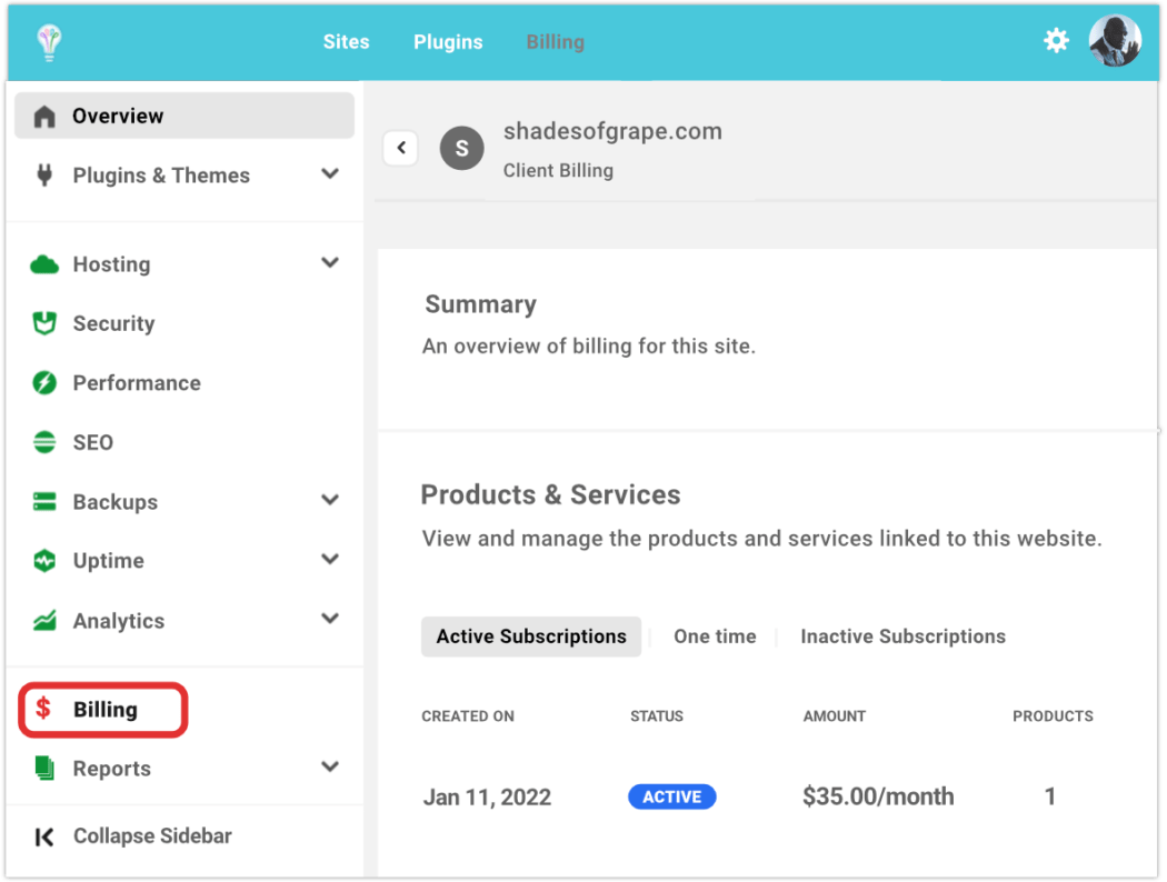 client billing overview with sidebar