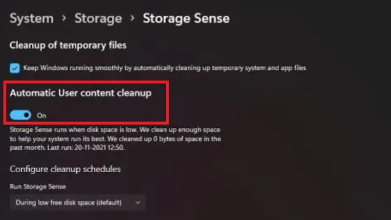 windows 11 storage sense automatic celanup