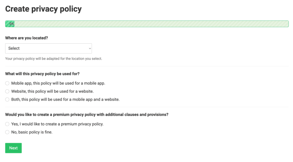 Creating a privacy policy - selecting location 