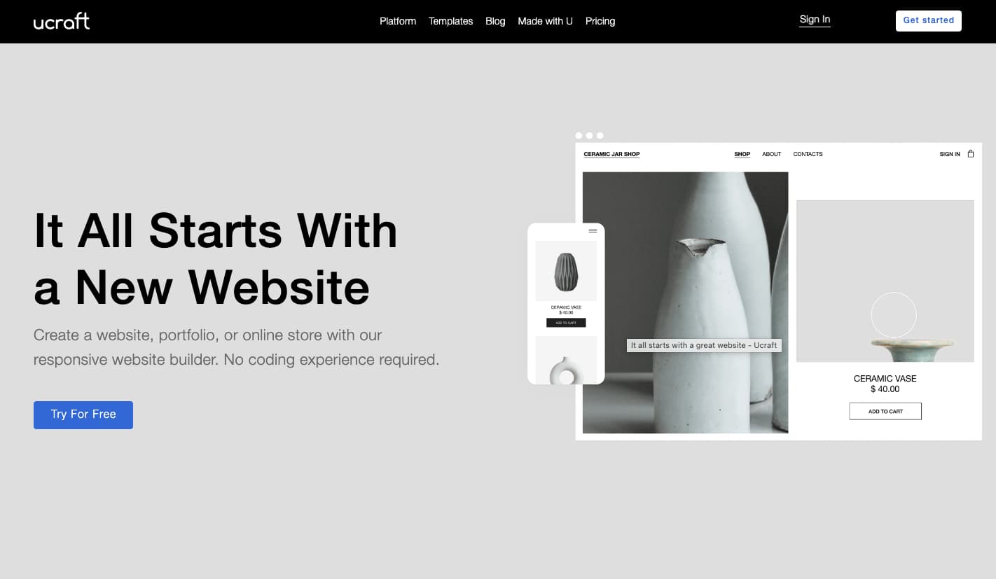 Ucraft’s free website builder homepage.