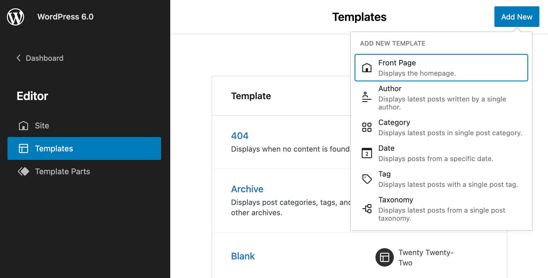 Adding a new template in WordPress 6.0