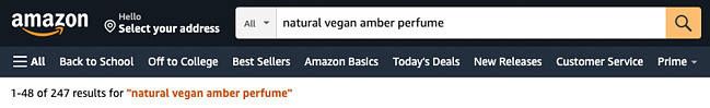 amazon search example for natural vegan amber perfume