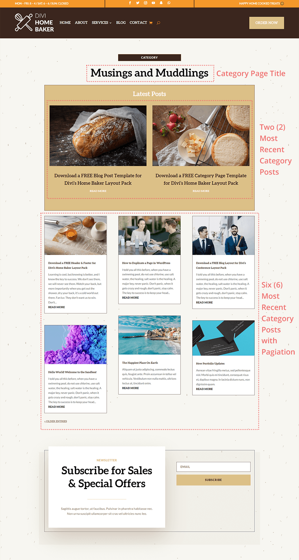 Illustration of Prepopulated Modules in the Category Page Template for Divi's Home Baker Layout Pack