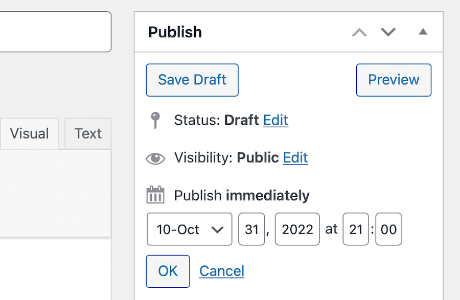 Setting the date and time to schedule a blog post for publication using the Classic Editor.
