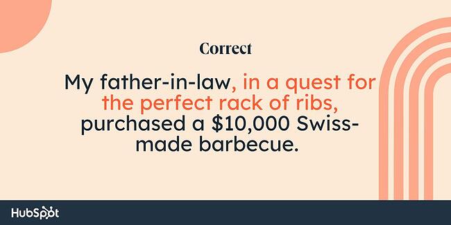 Comma rules: My father-in-law, in a quest for the perfect rack of ribs, purchased a $10,000 Swiss-made barbecue. 