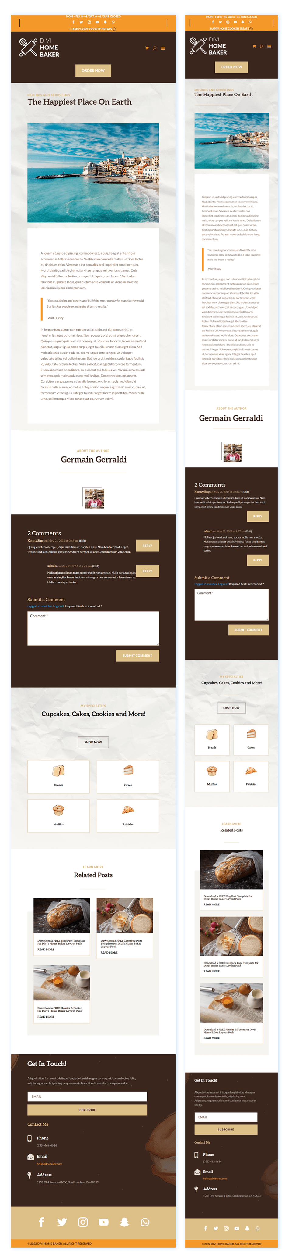 Tablet and Mobile View for the Blog Post Template of the Divi Home Baker Layout Pack