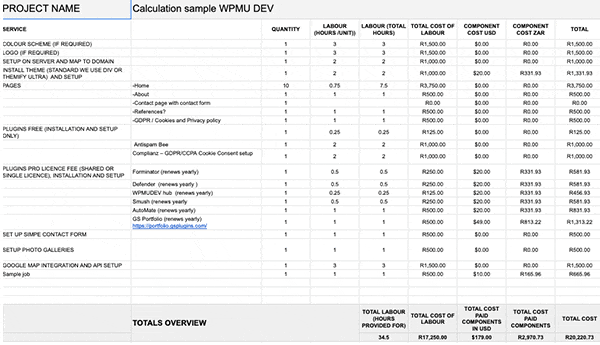 Google sheets example of pricing