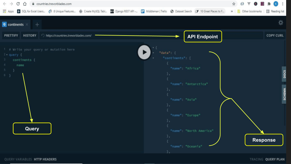 A screenshot of a GraphQL playground showing a successful query.