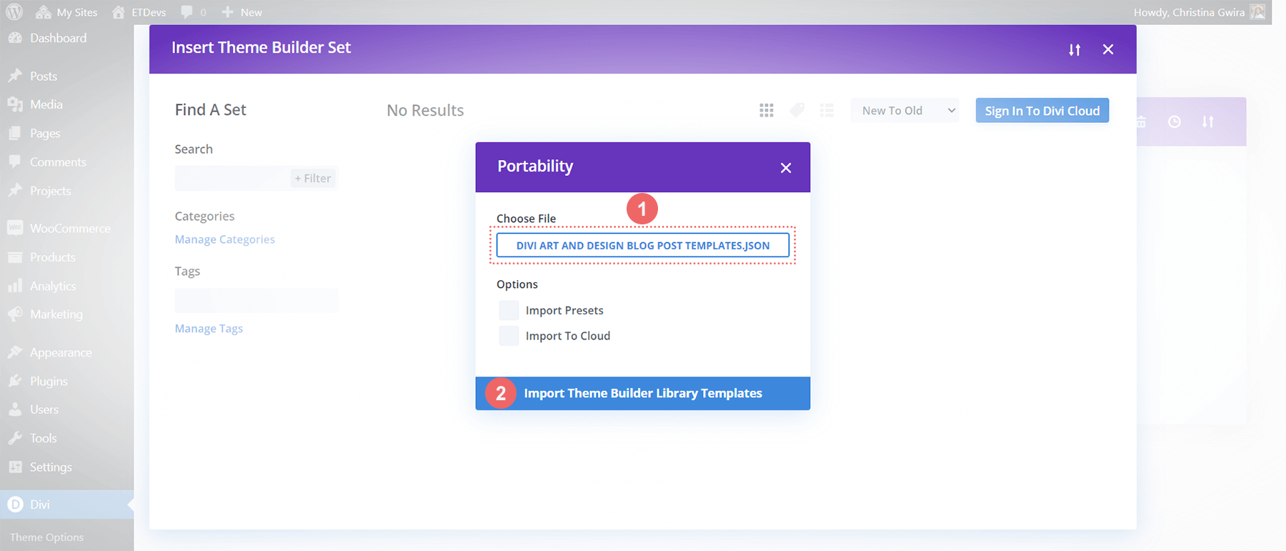 After successfully uploading template set .JSON file from computer