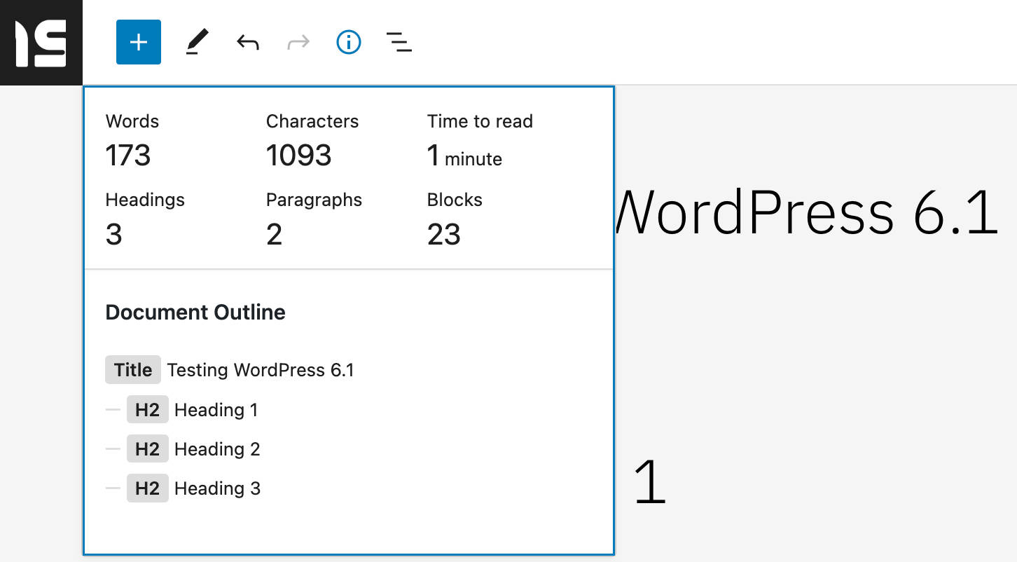 In QWordPress 6.1, the The Info panel now displays Time to read