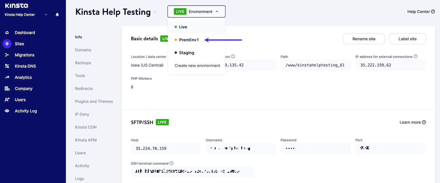 Selecting a Premium Staging Environment in MyKinsta.