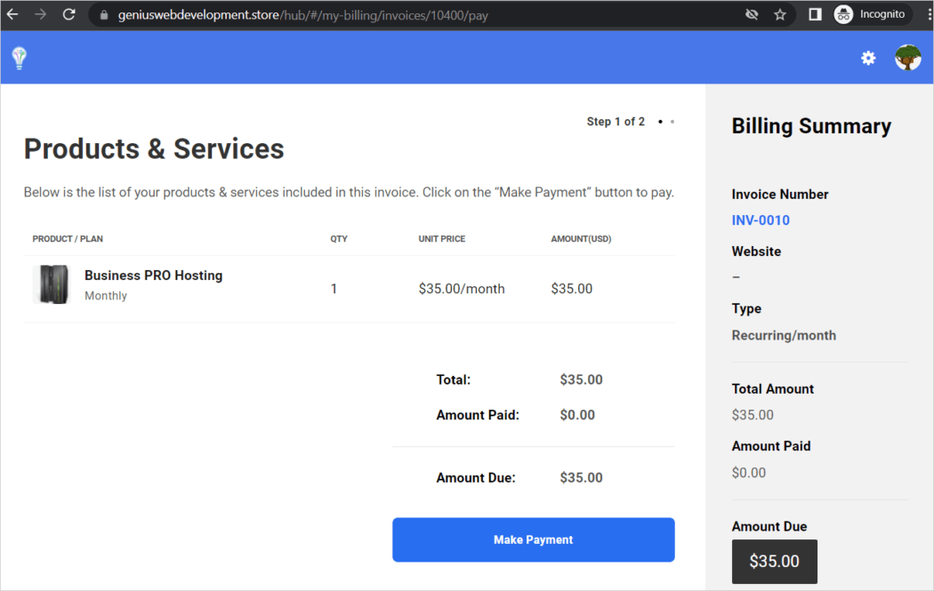 Online payment screen using client's own URL.