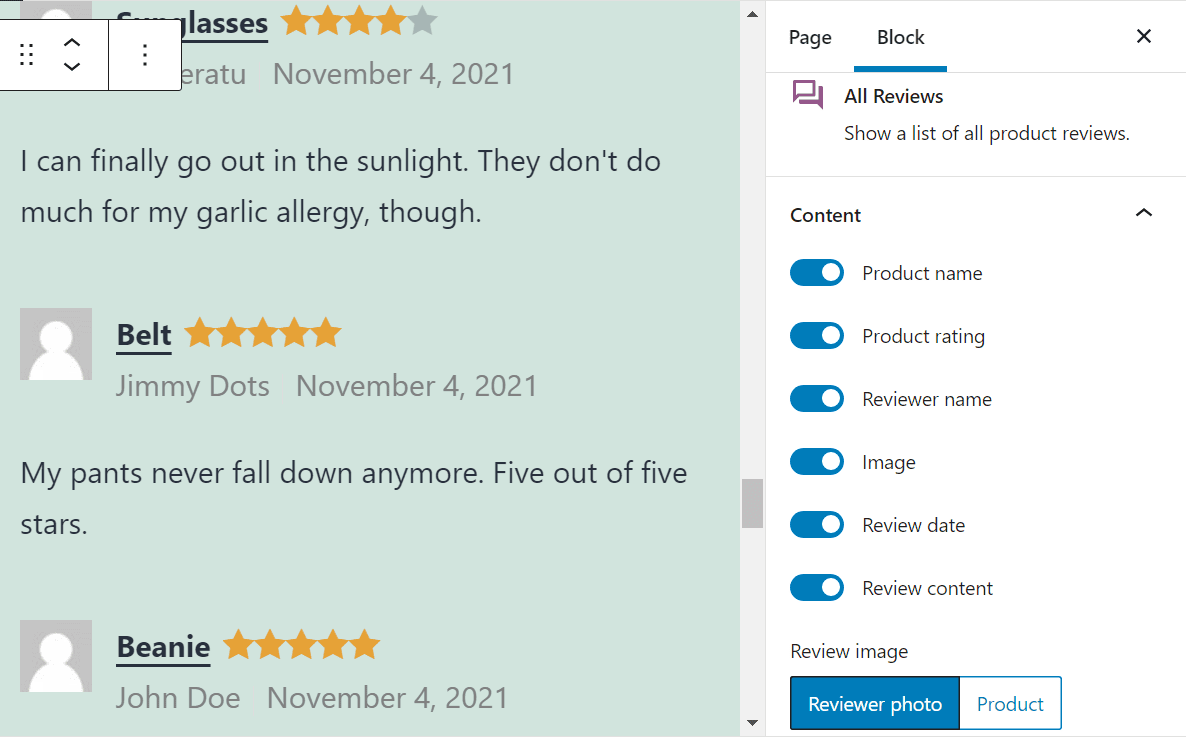 Configuring what elements appear in the All Reviews block