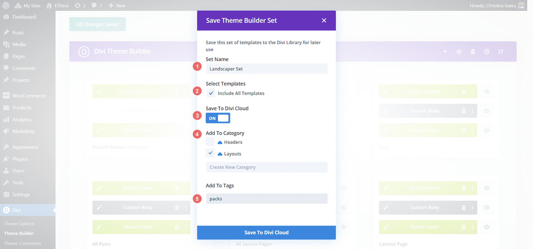 A filled Save Template Set modal box