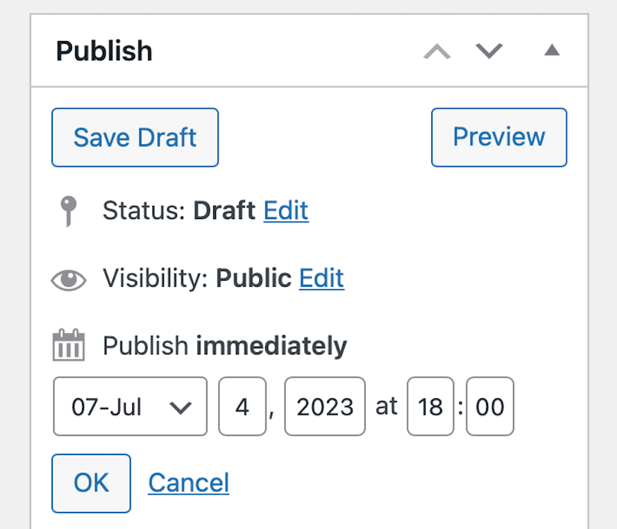 Scheduling a post to publish at a later date in the Classic Editor with SchedulePress installed.
