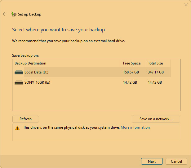 Set up backup in Windows 11