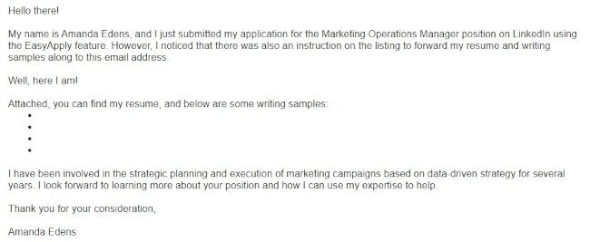 short cover letter example from Amanda Edens with bullet points and breezy language