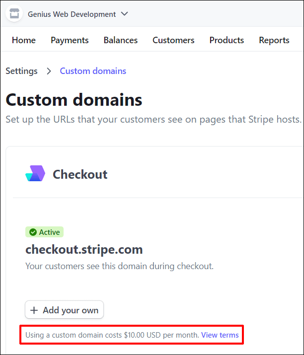 Stripe Custom Domains screen