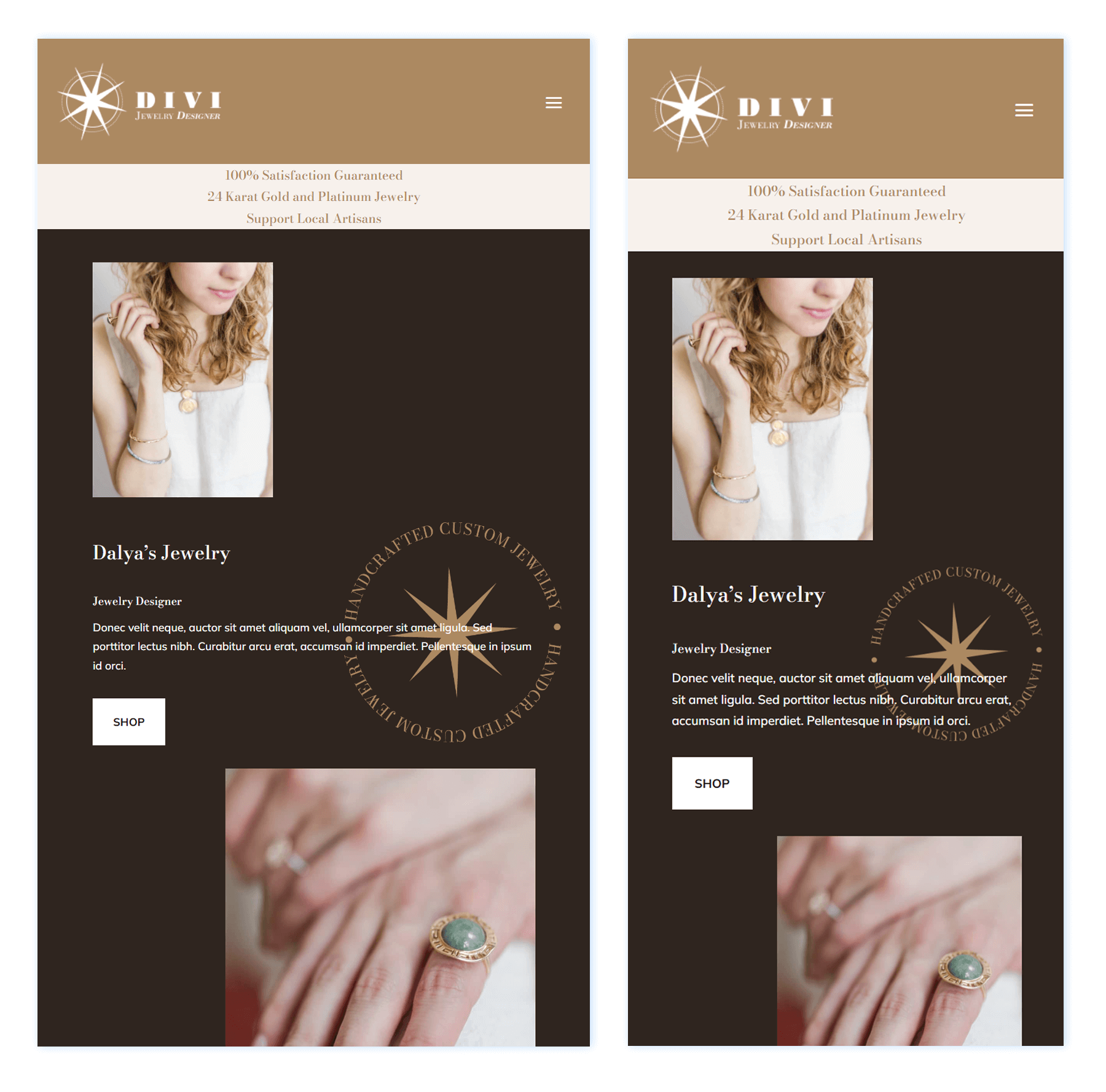 Divi Jewelry Header Design for Tablet and Mobile