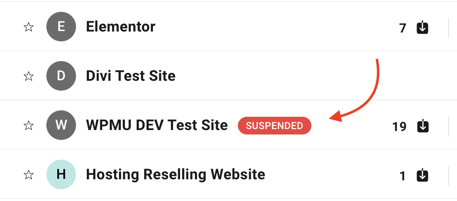 Red indicator that site is suspended.