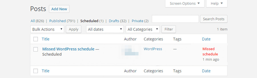 How a blog post that misses its publication schedule appears in WordPress.