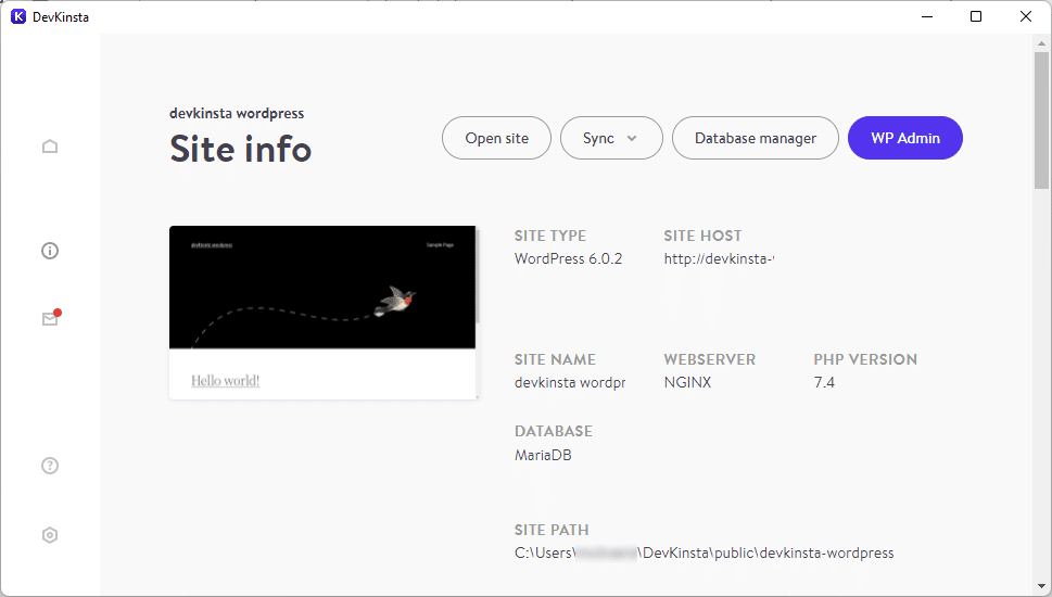 DevKinsta's WordPress site info screen.