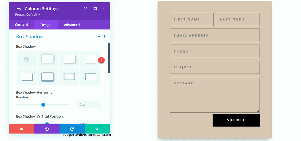 Divi Contact Form Layouts With Inline and Fullwidth Fields Layout 2 Box Shadow